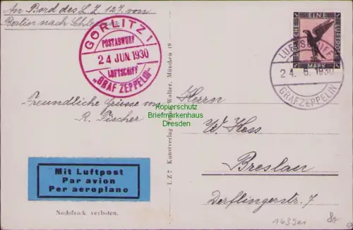 163901 AK Zeppelinpost Luftschiff Graf Zeppelin 24.6.1930 Postabwurf Görlitz Bor