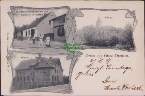 164102 AK Dzier???no Wielkie Gross Drensen 1907 Schule Kirche Materialwarengesch