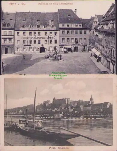 165009 2 AK PIRNA Elbe Marktplatz König-Albertdenkmal 1916 Hotel weisser Schwan