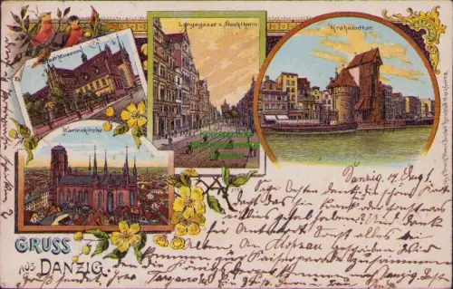164354 AK Danzig Litho 1901 Langegasse u. Stockthurm Stadt Museum Krahnenthor Ma