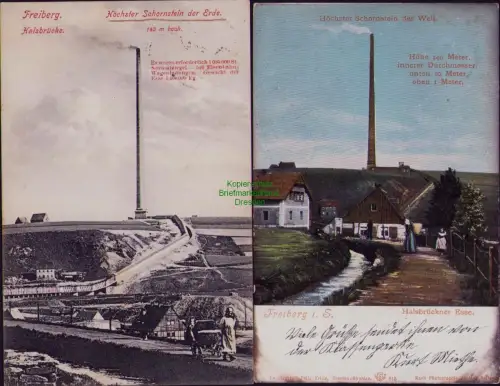 167520 2 AK Freiberg Halsbrücke 1904 1912 Höchster Schornstein der Erde
