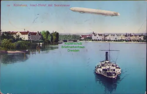 190977 AK Konstanz 1912 Insel-Hotel mit Seestrasse Zeppelin