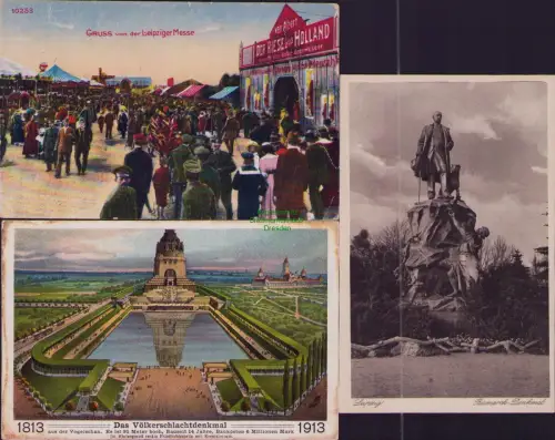 191315 3 AK Leipziger Messe DER RIESE HOLLAND Völkerschlachtdenkmal Bismarck Den