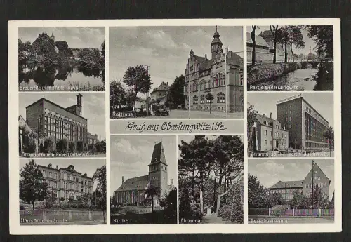 22754 AK Oberlungwitz Brauereiteich Strumpffabrik Schule Kirche Ehrenmal Rathaus