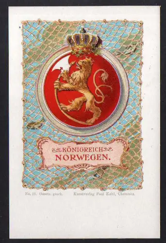 91434 AK Wappenkarte Königreich Norwegen 1900 Kunstverlag Paul Kohl Chemnitz