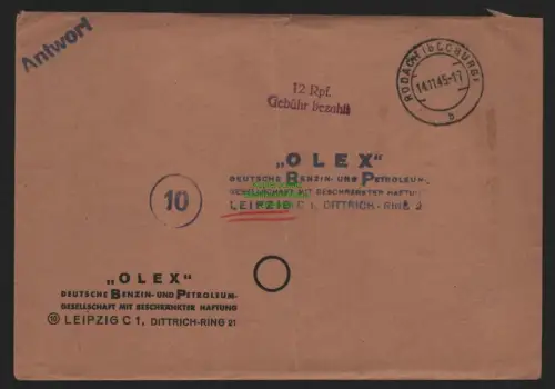 B10439 Brief BAZ Gebühr bezahlt 1945 Rodach bei Coburg OLEX nach Leipzig