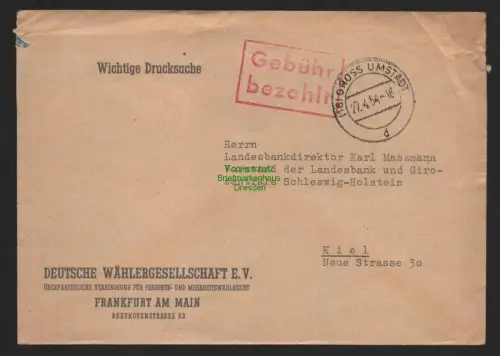 B11150 Brief BRD Gebühr bezahlt 1954 Gross Umstadt Drucksache nach Kiel