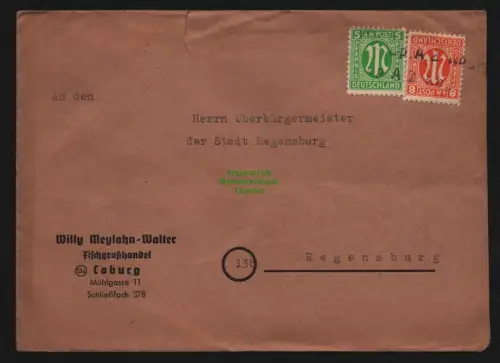 B11955 Brief BAZ Coburg an Oberbürgermeister Regensburg Notstempel