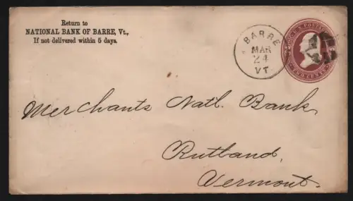 B11864 USA Brief 1886 Barre VT to Rutland