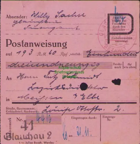 B16317  Gebühr bezahlt 1945 Postanweisung 41 Glauchau 2 21.11.45 nach Meißen Elb