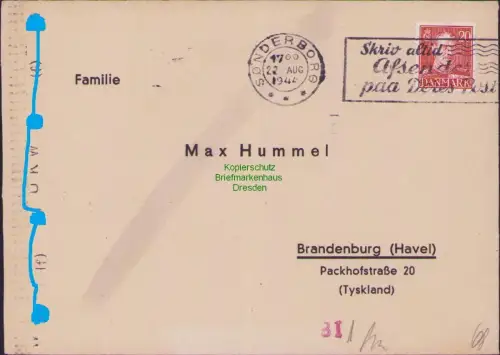 B17110 Brief Dänemark Sonderborg 1944 nach Brandenburg Havel OKW Zensur mit
