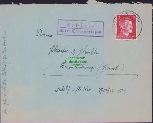 B17069 DR Deutsches Reich Brief Landposstempel Lobbese über Treuenbrietzen 1942
