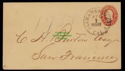 B18001 USA Ganzsache U12 um 1860 Sacramento City Cal. Nach San Francisco