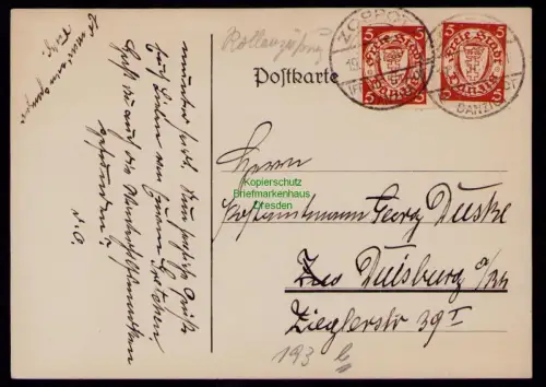 B18038 Postkarte Danzig 2x 193 D Rollenzähnung MeF 1937 nach Duisburg