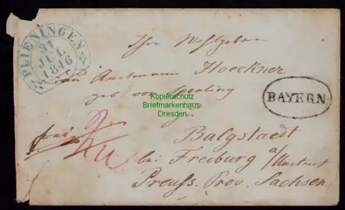 B17968 Brief Plieningen bei Stuttgart 1846 nach Balgstedt b. Freiburg a. Unstrut