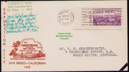 B18318 USA 377 Pl.-Nr. 21405 Brief mit Schmuckzudruck 1935 Ausstellung San Diego