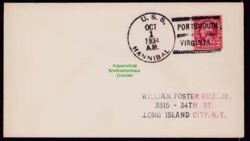 B18313 USA Brief 1934  U. S. S. Hannibal Portsmouth Virginia to Long Island City