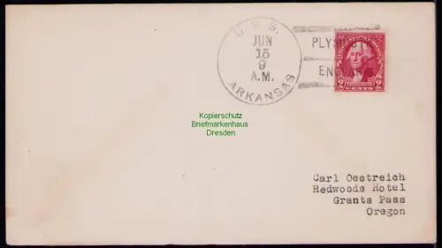 B18295 USA Brief um 1935 U. S.S. Arkansas to Grants Pass Oregon Plymouth England