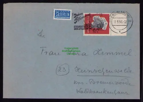 B18576 BRD Deutschland 1953 Brief Mi. 172 IFRABA Frankfurt  Karlsruhe nach Hei