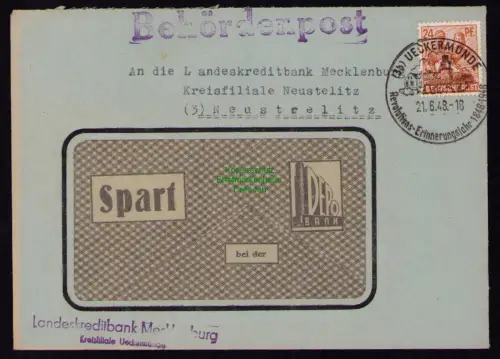B18493 Brief Ueckermünde 1948 SST Revolutions Erinnerungsjahr 1848 - 1948 Behör