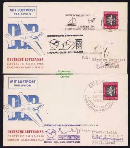 B19370 2x Brief DDR Interflug Erstflug Karl-Marx-Stadt - Berlin bzw Dresden 1958