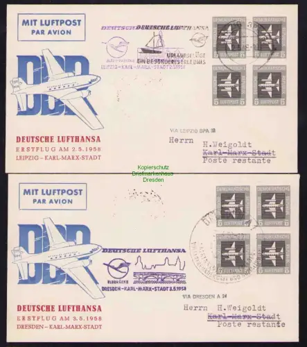 B19369 2x Brief DDR Interflug Erstflug Leipzig Karl-Marx-Stadt bzw. Dresden 1958