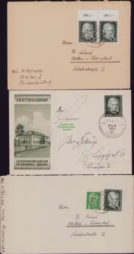 B19779 3x Brief DDR 423 Lessing 1954 davon 1x amtlicher FDC
