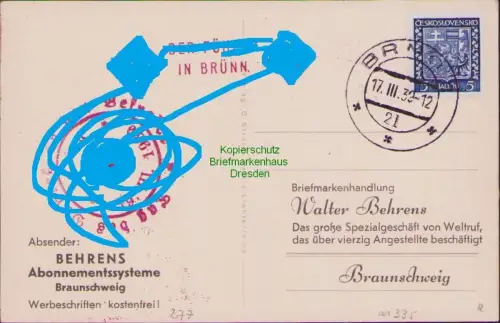 B21335 Postkarte AK Brünn 1939 Tag des Dankes verschiedene Stempel rot