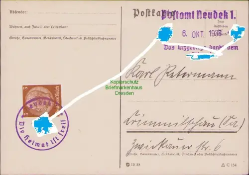 B21306 Postkarte Neudeck Erzgebirge 1938  Befreiungsstempel