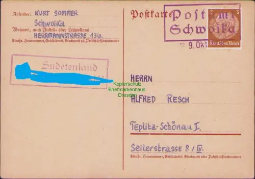 B21314 Postkarte Postamt Schwoika 1938  Befreiungsstempel Sudetenland