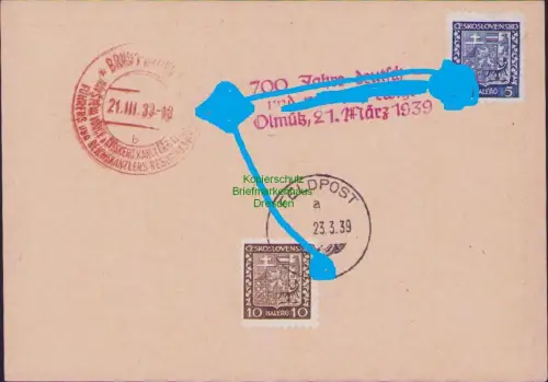 B21338 Postkarte Brünn 1939 Besuch F. Stempel rot + Feldpost a Tschechoslowakei