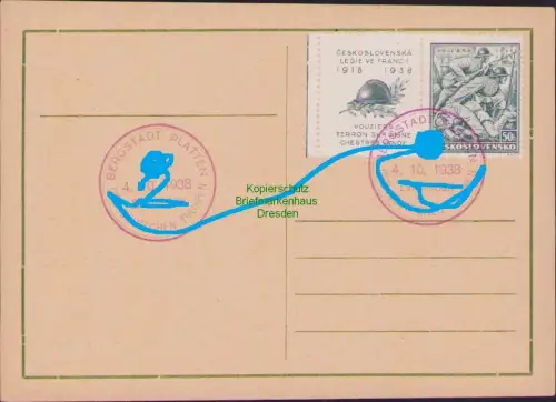 B21308 Postkarte Bergstadt Platten Erzgebirge 1938 Befreiungsstempel Einmarsch