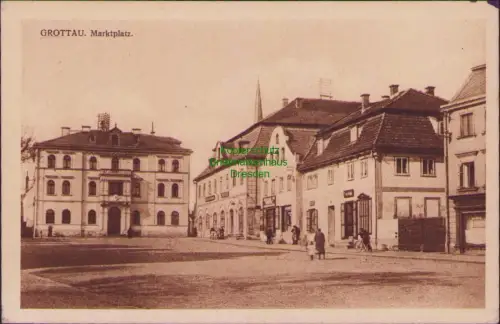 B21298 AK Grottau 1938 Befreiungsstempel Marktplatz + Zudruck Text