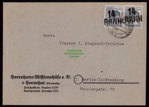 h7039 SBZ Handstempel Bezirk  14 Brief Herrnhut gepr. BPP