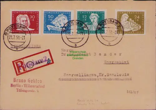 B21815 Brief DDR 1950 256 - 259 Bachfeier Einschreiben Potsdam n. Saarwellingen