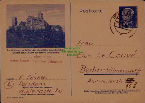 B21661 DDR Ganzsache P 47 04 Potsdam nachBerlin Wilmersdorf Propaganda 1950