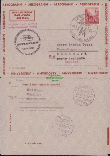 B21772 DDR Ganzsache Aerogramm Zudruck Leipzig Messe Sonderflugverkehr 1959