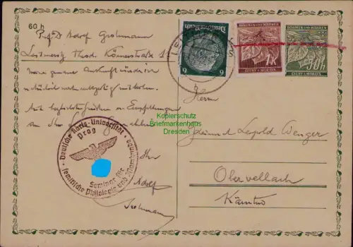 B22009 Böhmen und Mähren Ganzsache rot gestrichen + 6 Pfg. Hindenburg Prag 1942