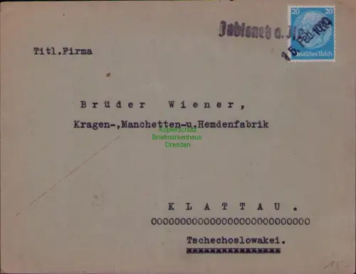 B22005 Brief Notstempel Jablonetz a. Isar 1939 auf Hindenburg nach Klattau