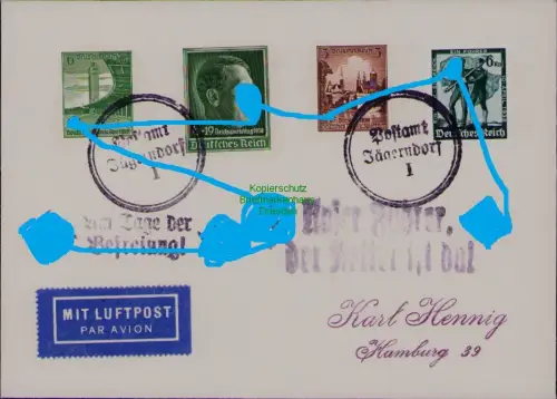 B22008 Brief Postamt Jägerndorf 1938 Befreiung Propaganda