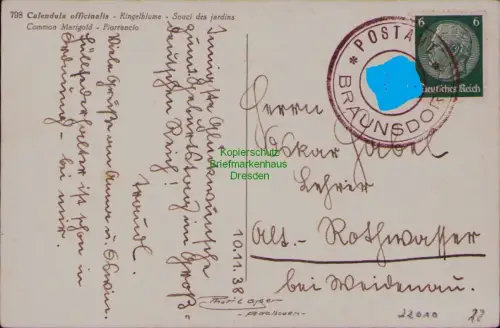 B22010 Postkarte Braunsdorf 1938 Propaganda Stempel
