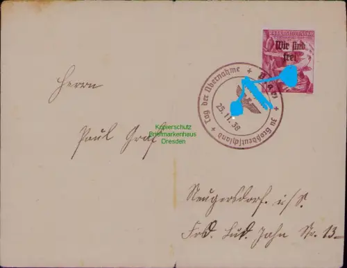 B22014 Brief 1938 Propaganda Stempel Plaw Tag der Übernahme Marke Reichenberg