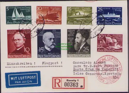 B22830 Brief Danzig 284 - 288 306 - 308 Deutsche Luftpost Europa Südamerika 1939