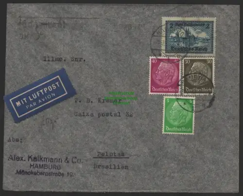 B8943 DR Brief Deutsche Luftpost Europa Südamerika 1934 nach Pelotas Brasilien