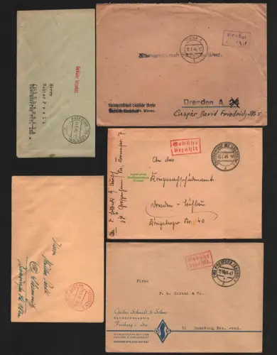 B4611 SBZ 5 Briefe Gebühr bezahlt 1945 Meissen Radeburg  Freiberg Großenhain Pir
