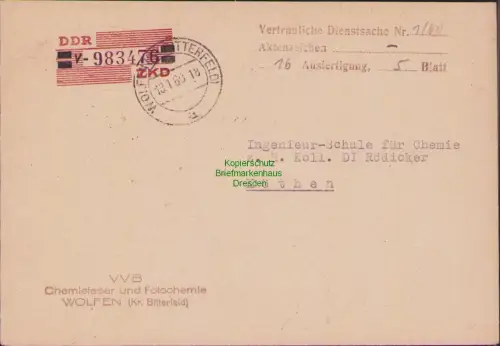 B-17594 DDR ZKD Brief 29 V Wolfen Kr. Bitterfeld als Vertrauliche Dienstsache VD