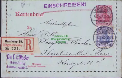 B-17860 Kartenbrief Einschreiben Hamburg 18 1902 nach Karolinenthal Prag