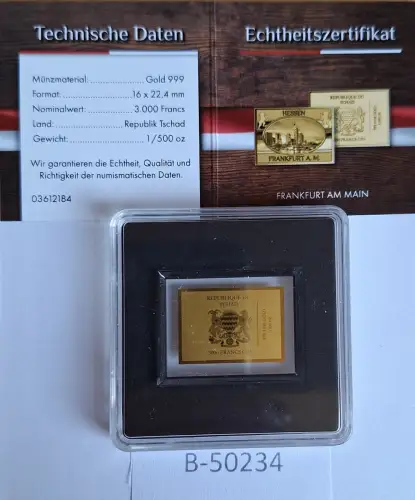 B50234 Münze  Frankfurt am Main Gold Au 999 1/1000 oz Republique du Tschad 3000