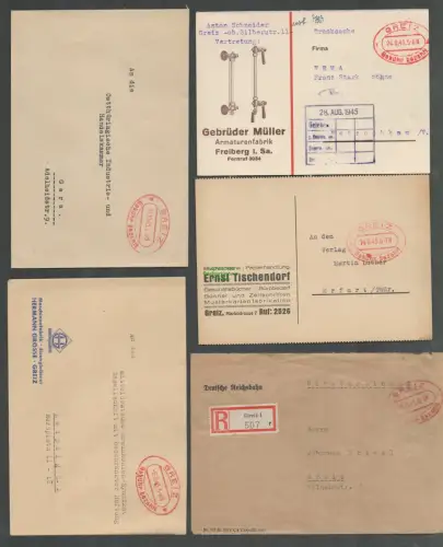 B6302 5x Brief SBZ Gebühr bezahlt 1945 Greiz Armaturenfabrik Gebrüder Müller Fre