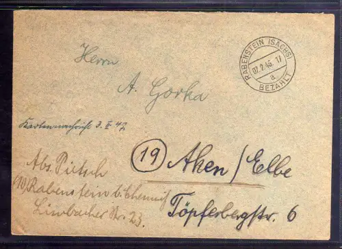 B672 SBZ Brief Gebühr bezahlt 1945 Rabenstein Sachs. nach Aken Elbe